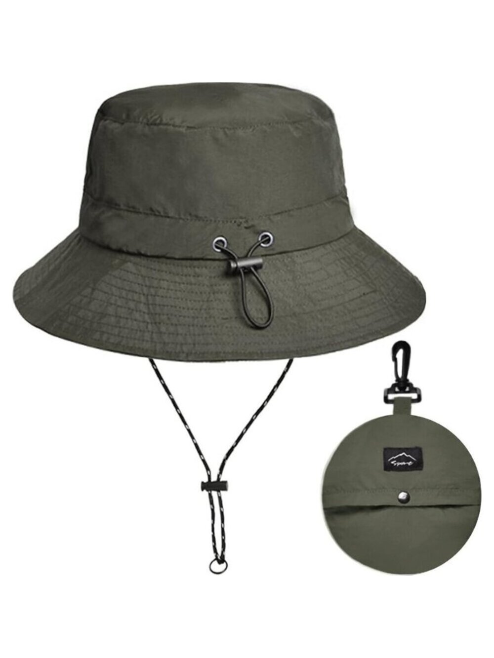 Unisex Green 100%Nylon Wide Brim Uv Protection Chin Strap Packable Bucket Hat